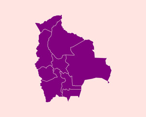 Modern Velvet Violet Color High Detailed Border Map Of Bolivia, Isolated on Pink Background Vector Illustration