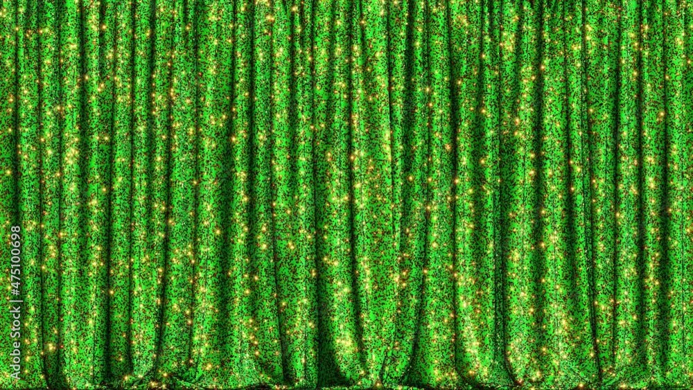Poster realistic 3d animation of the stylish and fancy shining golden sequins green stage curtain rendered 