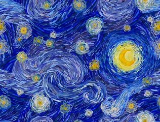Glühender Mond auf einem abstrakten Hintergrund des blauen Himmels. Nahtloses Vektormuster im Stil impressionistischer Gemälde. © Rrose Selavy