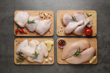 Flat lay composition with fresh raw chicken meat on grey table - obrazy, fototapety, plakaty