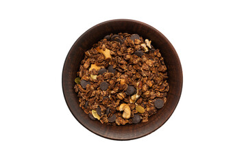 Chocolate granola cereal with nuts in a bowl background.