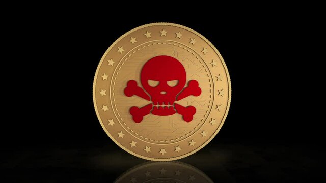 Piracy skull  haking symbol, cyber attack and crime 3d gold coin on background. Rotate golden metal abstract concept animation of transaction and blockchain technology.
