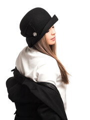 Woman in black felt hat and black coat