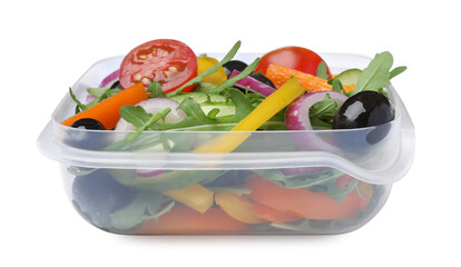 Tasty vegetable salad with olives in plastic container isolated on white