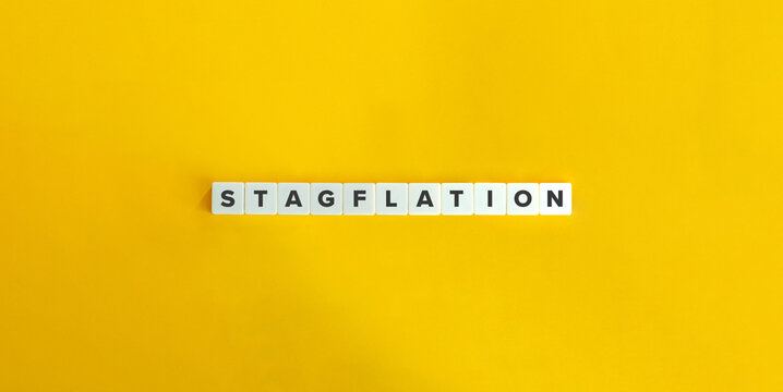 Stagflation word and banner. Block letters on bright orange background. Minimal aesthetics.