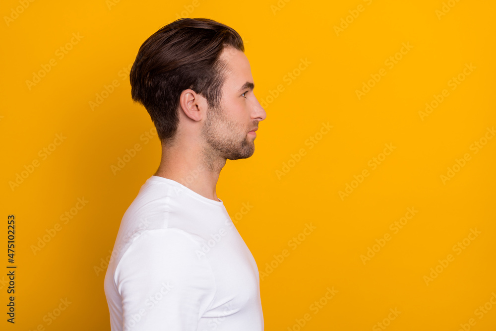 Sticker Profile photo of calm focused young man look empty space blank isolated on yellow color background