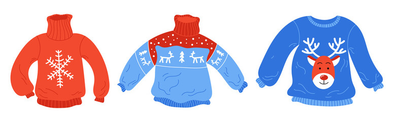 Set of Christmas sweaters with traditional ornament from deer and christmas trees, snowflakes. Red and blue. Isolated on white. 