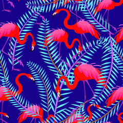 Red flamingos in the leaves. Exotic pattern for fabric and wrapping paper.