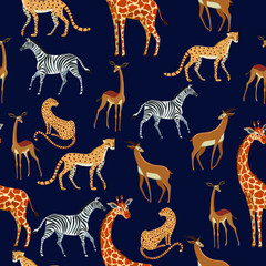 African print with African animals. Cheetahs, giraffes, zebras, impala, gerenuk.
