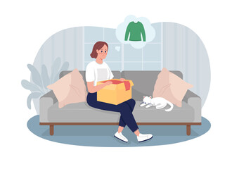 Wrong clothing order 2D vector isolated illustration. Upset customer. Sad woman with box sitting on couch flat character on cartoon background. Negative side of online shopping colourful scene