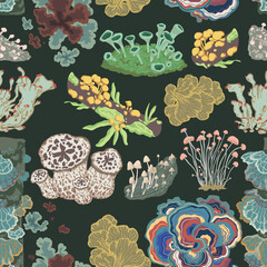 Seamless pattern with mushrooms, fungi, lichen and moss. Vintage decorative floral elements set. Vector illustration - 475102484