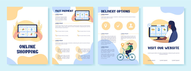 Online shopping flat vector brochure template. Retail and commerce. Flyer, booklet printable design with flat illustrations. Magazine page, reports with text space. Sniglet, Comfortaa fonts used