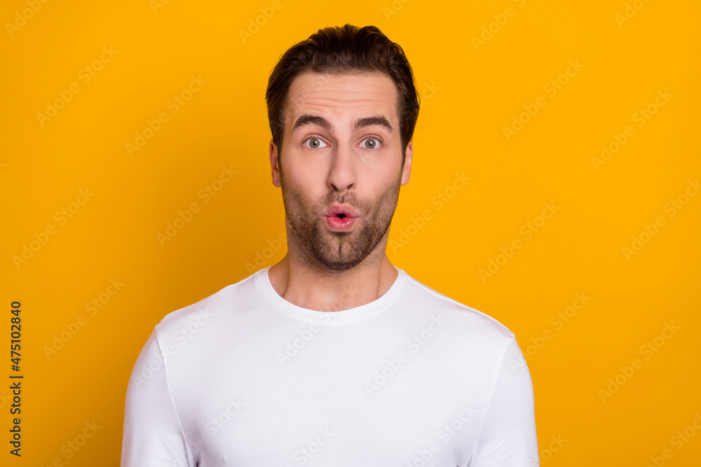 Sticker Photo of youth guy impressed pouted lips fake novelty reaction isolated over yellow color background