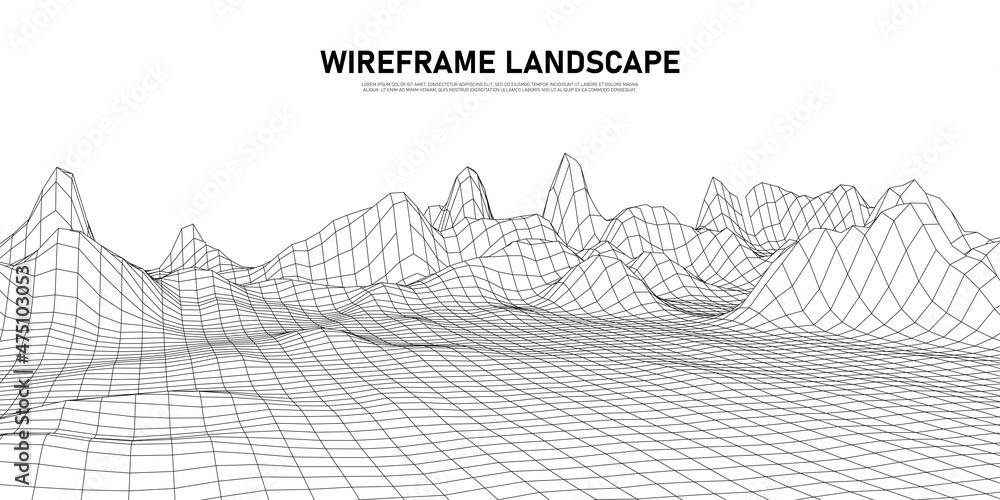 Poster digital wireframe landscape. wireframe terrain polygon landscape design. digital cyberspace in mount