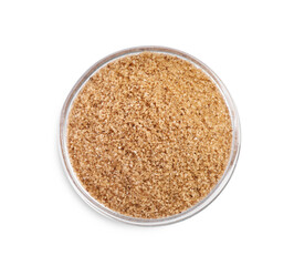 Brown salt in glass bowl isolated on white, top view