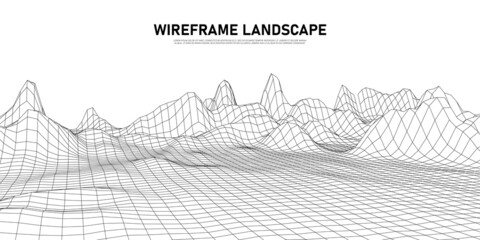 Digital wireframe landscape. Wireframe terrain polygon landscape design. Digital cyberspace in mountains with valleys. Vector illustration. © Vitalii