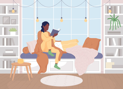 Reading on windowsill flat color vector illustration. Woman holding book and resting near window. Hygge lifestyle. Girl wrapped in warm plaid 2D cartoon characters with interior on background