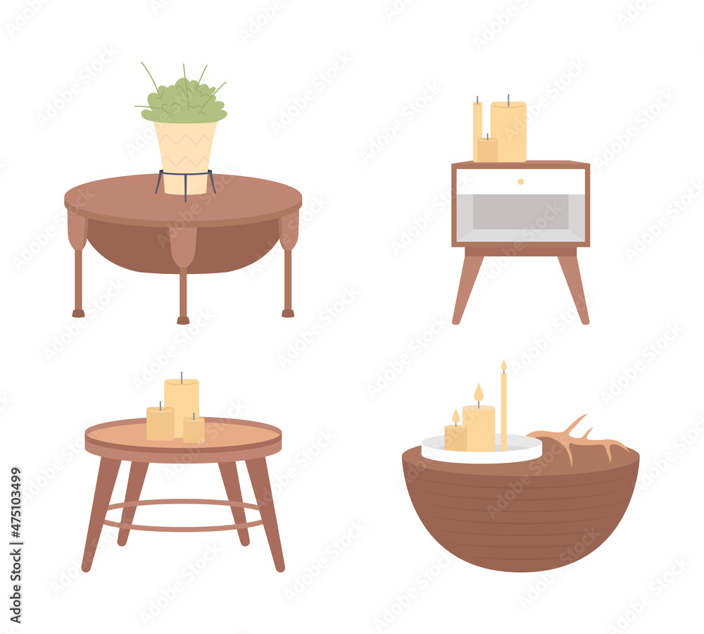 Poster decorative table semi flat color vector item set. realistic object on white. scandinavian furniture 