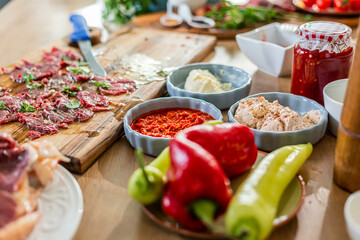 A close-up view of the ready-made carpaccio meat for tasting