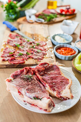 A close-up view of the meat steak ready for grill.