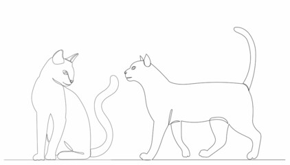 cats, drawing by one continuous line, sketch, vector