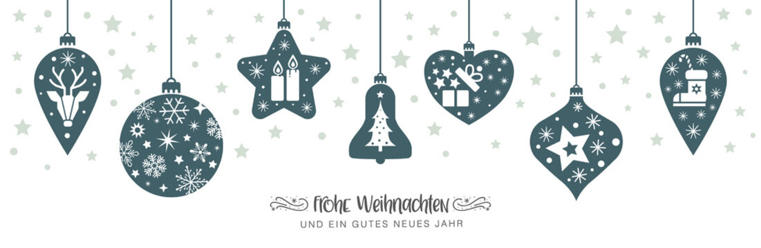 Weihnachtsgruß mit Illustration und deutschem Text - verschiedene Weihnachtskugeln mit dekorativen weihnachtlichen Motiven - grün auf weißem Hintergrund