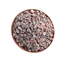 Black salt in wooden bowl isolated on white, top view