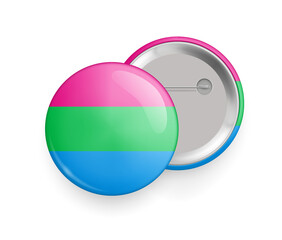 Polisexual flag round glossy metallic 3d badge mockup. Lgbtq flag, official symbol of polisexual community. Front and back side of pin button realistic vector illustration
