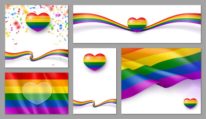 Set of banners with LGBT pride symbols in rainbow colors. Pride month or another holiday event poster, card, flyer template design. Love, freedom, support and rights realistic vector illustration.