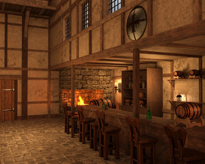 3d render of an ancient spacy medieval tavern - 475104072