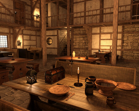 3d render of an ancient spacy medieval tavern