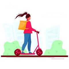 
Girl on kick scooter with yellow thermal bag delivering order. Vector illustration of Fast delivery service