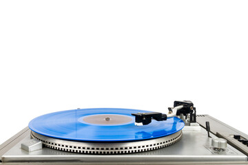 Vintage turntable record player with blue vinyl