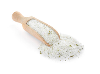 Fototapeta na wymiar Wooden scoop with natural herb salt on white background