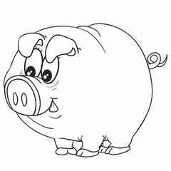 sketch, cute pig character with big eyes, coloring book, cartoon illustration, isolated object on white background, vector,