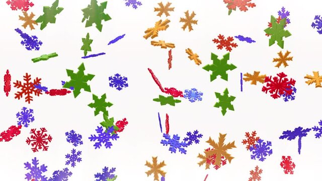 Falling colorful snowflakes on white background