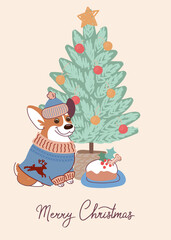 Cute dog corgi on christmas card. Vector greeting card in flat style with lettering Merry Christmas