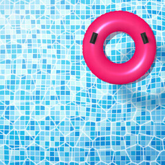 Top view realistic pink inflatable rubber swim ring floating clear blue water swimming pool vector