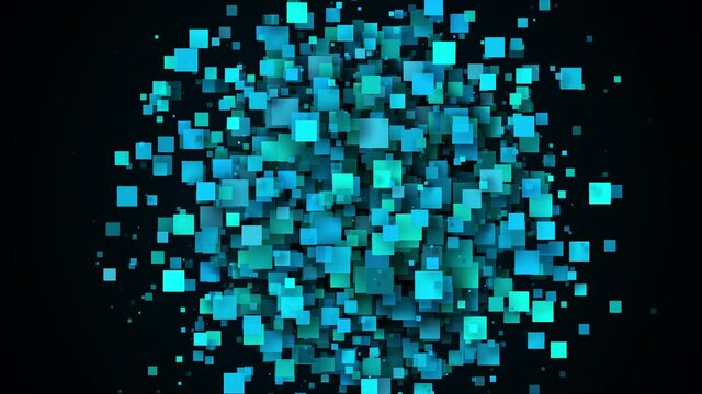 Geometric wave from scattering 3d render cubes. Digital futuristic panorama of data processing and information clusters. Dynamic virtual flow of pixel quadrangular textures.
