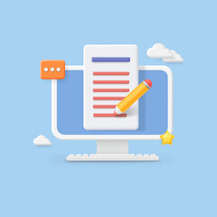 Writing text content. Monitor computer with text file editing concept. Screen, document, pencil, copywriting 3d icon - 475105646
