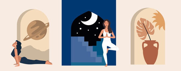 Interior with arch and woman in yoga pose vector. Meditation and relax theme