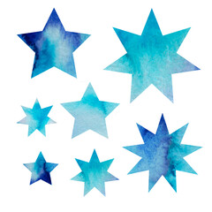 Fototapeta premium Watercolor set blue abstract stars. Festive element. New Year. Christmas. Textured background.