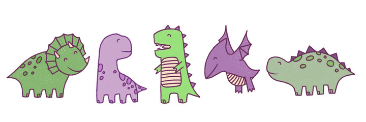 Hand drawn digital dinosaurs set. Isolated on a white background. Cute childish DINO clipart. Pink and green. Jurassic Park.