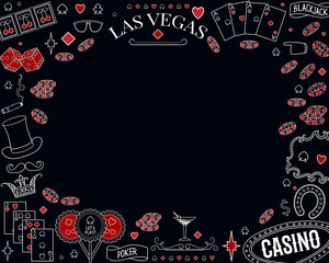 Casino theme poster. Decorative design elements on chalkboard. Gambling symbols. Vintage vector illustration