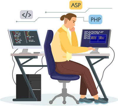 Office worker male character sitting at table with computer programmer writes program code, processes data. Concept of script coding and programming in php, python, javascript, other languages