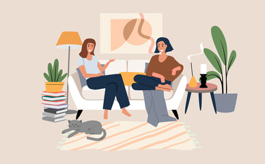 Two women spending time together on sofa. Vector Interior with characters