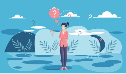 Young pensive woman making decision looking at question mark. Worried girl thinking about problem doing difficult choice deep in thought. Making confusion. Puzzled girl think about solution to matter