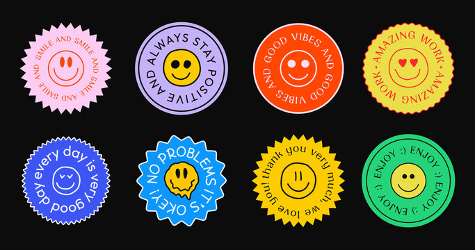 Naklejki Set of Various Stickers, Pins and Patches. Cool Funny Cute Emoji Badges Vector Design.