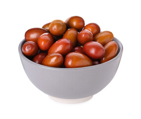 Ripe red dates in bowl on white background