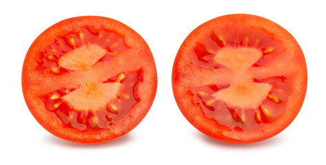 sliced plum tomato path isolated on white